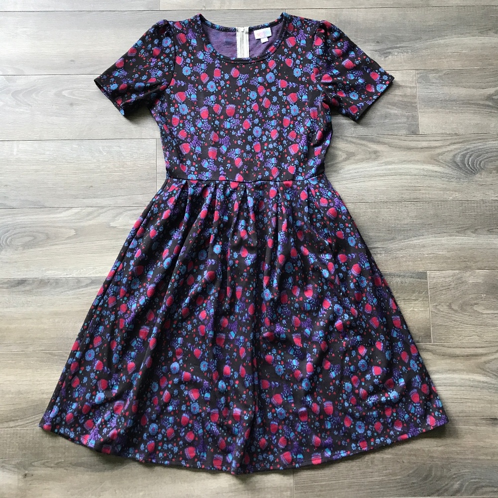 LulaRoe Amelia Black Red Purple Teal Floral Dress